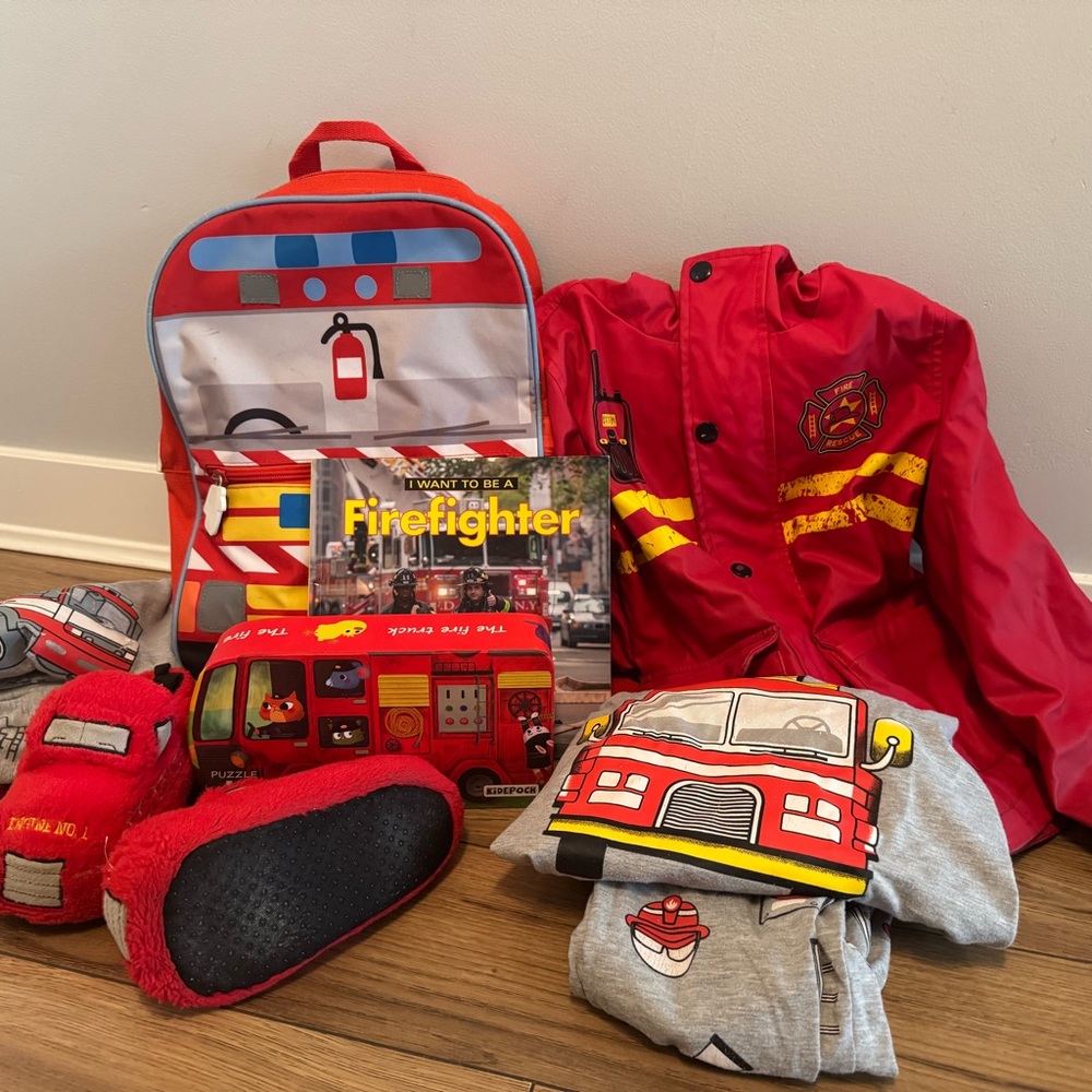 Firefighters bundle! rain jacket, backpack, slippers size 5T -7T, PJ size 5-6T